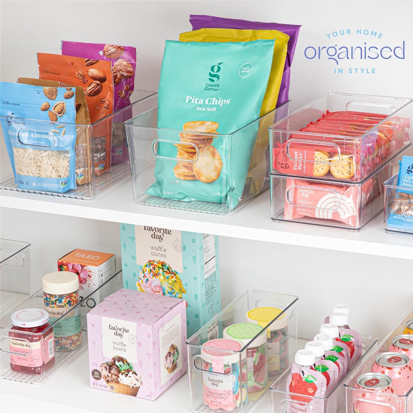 2 pack Clear Plastic Storage Container Bin with Integrated Easy Grip Handles. For Kitchen, Fridge, Freezer, Cabinet, Pantry, Bathroom Organization. 10"x4"x5"