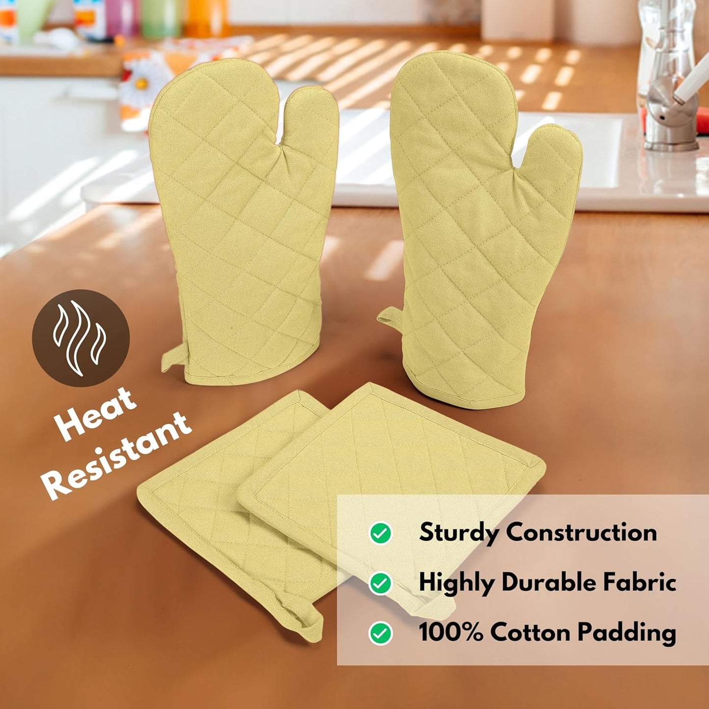 Native Fab 4 Piece Set - 2 Oven Mitts & 2 Potholders, Heat Resistant, 100% Cotton, Quilted Design, Non-Slip Grip, Machine Washable, Ideal for Baking, Cooking, BBQ, Kitchen Protection - Pale Yellow