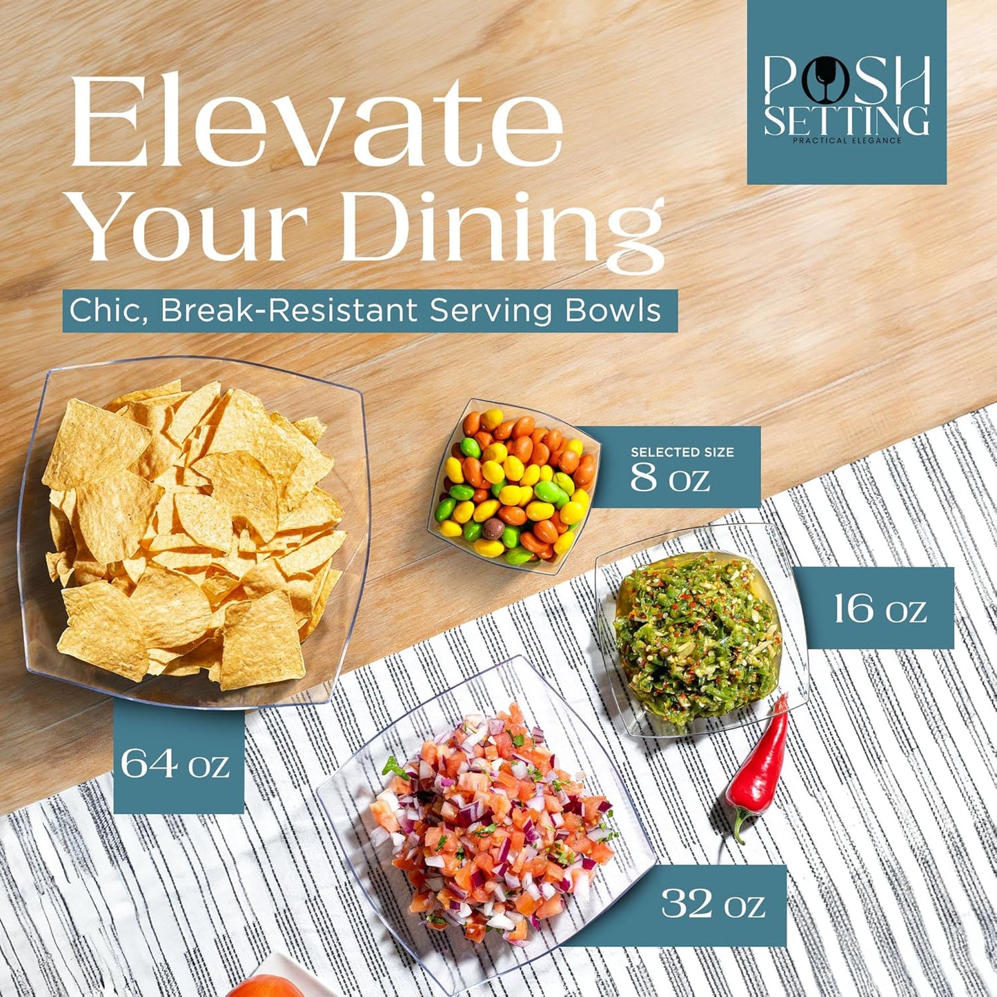 Posh Setting - Clear Plastic Serving Bowls for Party (8oz - 4 Pack) Square, Disposable, Salad & Fruit Bowls for Party Table, Candy Containers for Candy Buffet