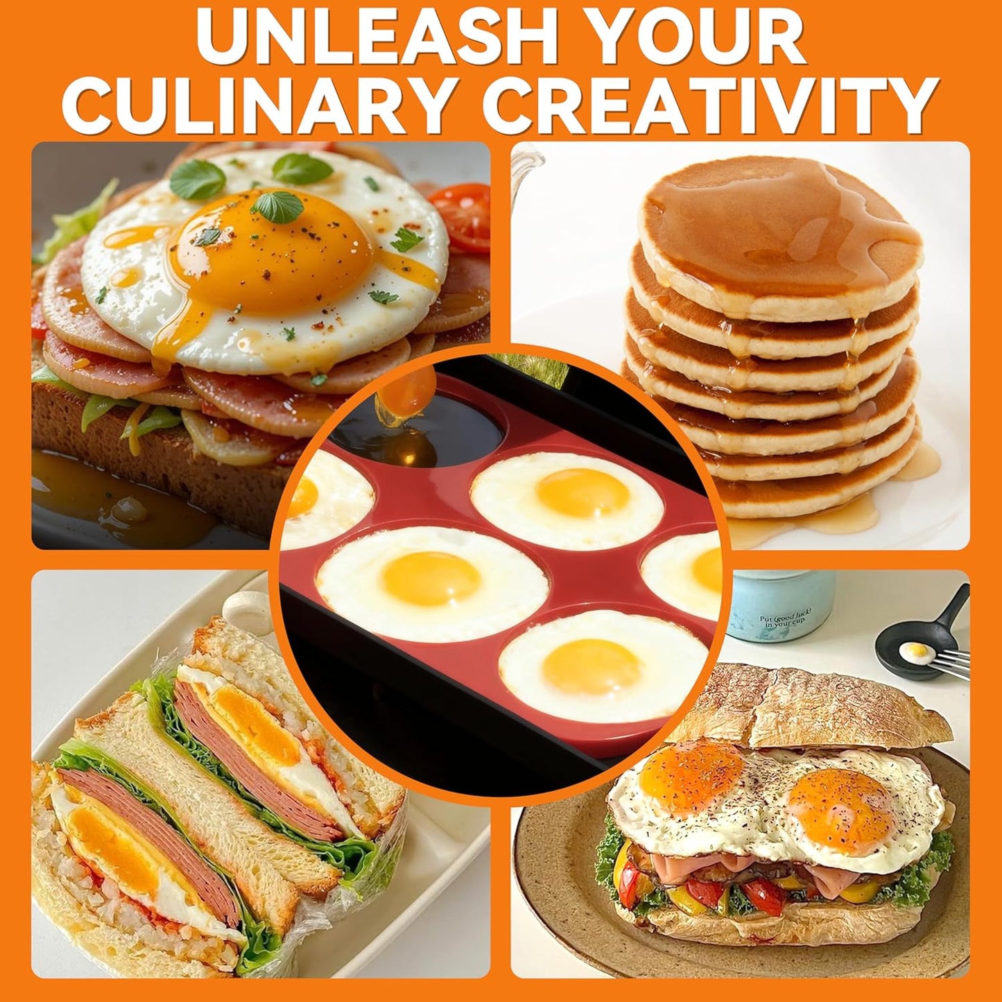 Baker's Friend 6 Round Silicone Egg Rings for Frying Eggs & Pancake, Non-Stick & Heat-Resistant, Ergonomic Handles, Omelette Ring for Griddle, 4 Inch, Red