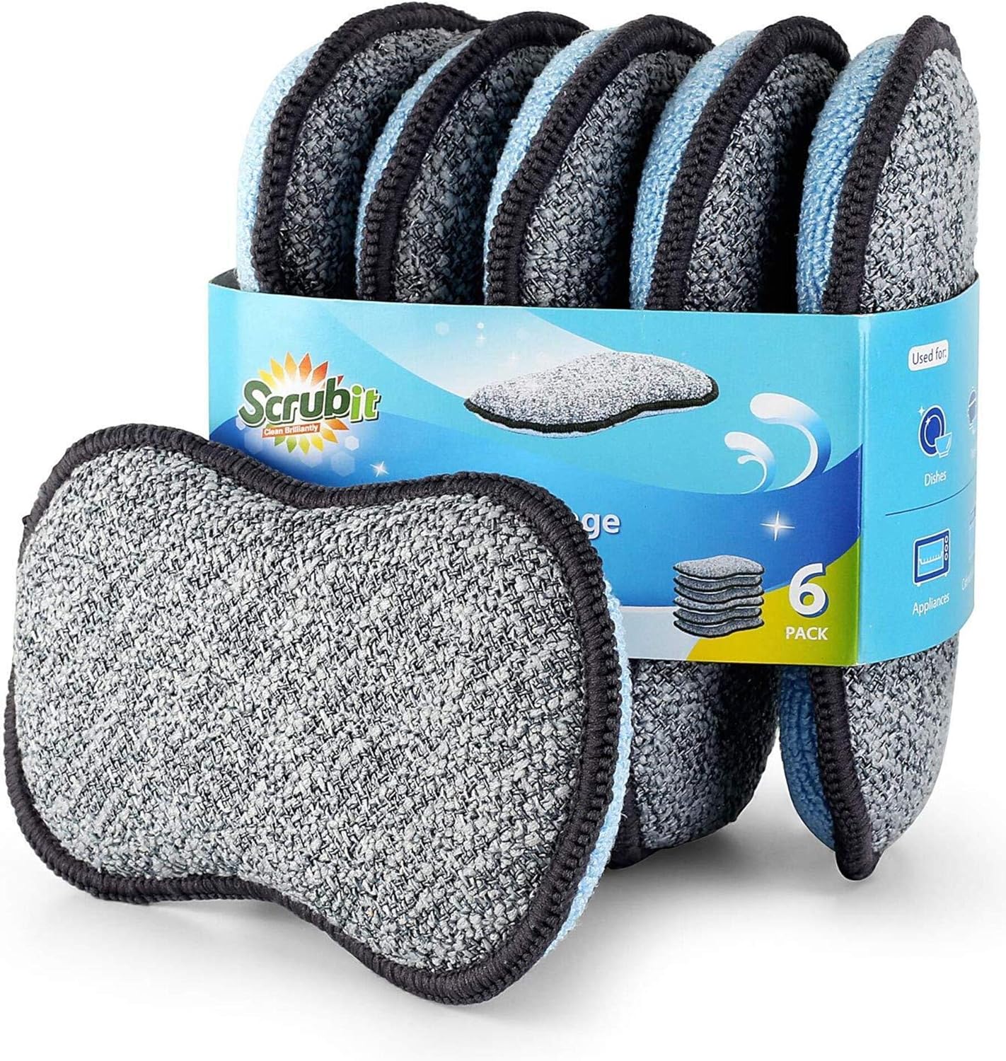 Multi-Purpose Sponges Kitchen by Scrub-it - Non-Scratch Microfiber sponges for Cleaning, Along with Heavy Duty Scrubbing Power - Reusable Dish Sponge for Dishes, Pots and Pans (6 Pack, Small)