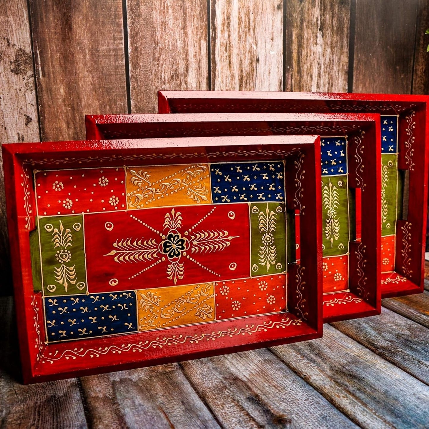 Swadeshi Blessings Handcrafted & Hand-Painted Embossed Wooden Serving Trays Set of 3- for Kitchen/Table & Home Decor/Dinning/Gifts/Restaurants/Living Room/Coffee Table (AntiqueRed)