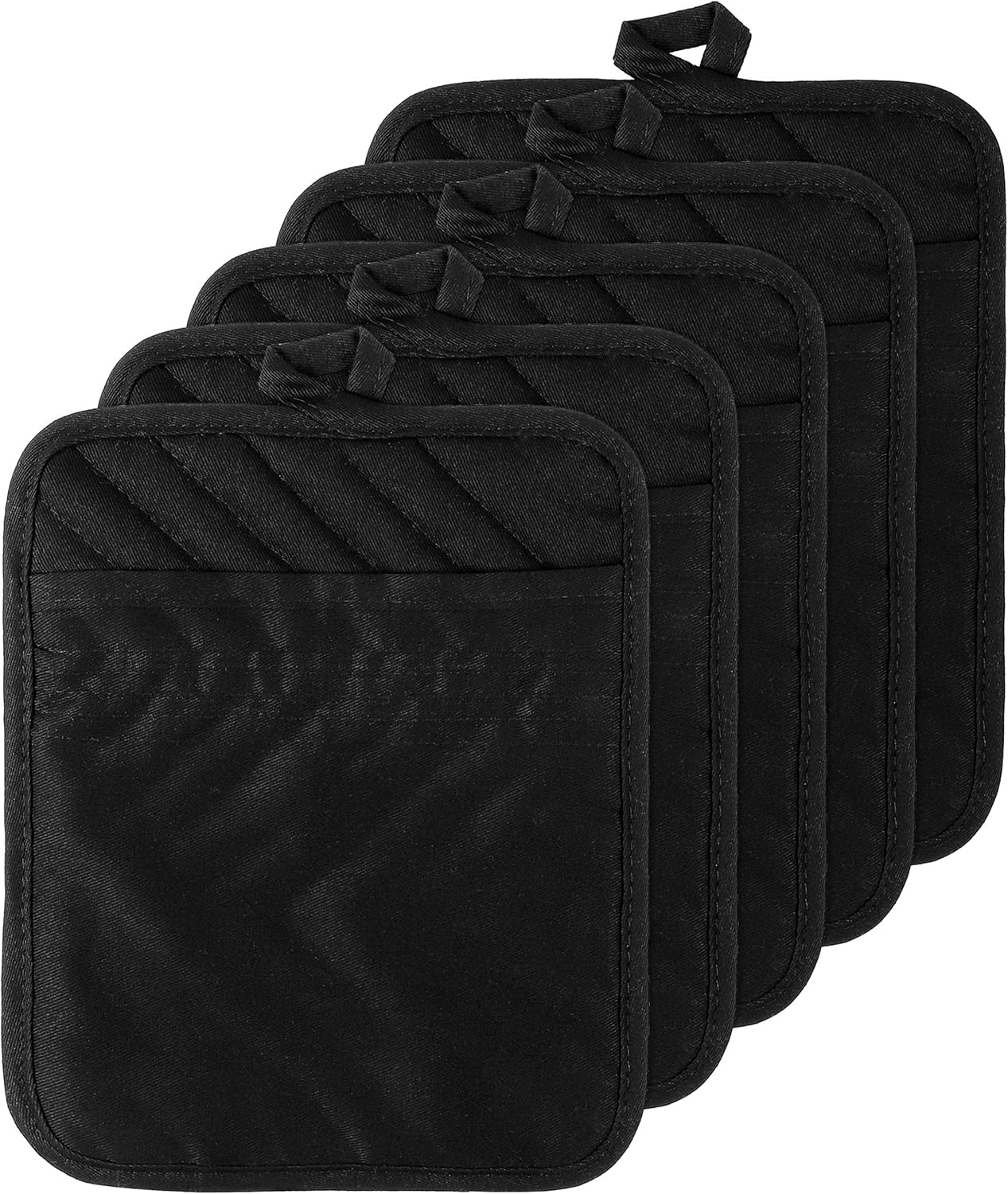 GROBRO7 5Pack Cotton Pocket Pot Holder Set Kitchen Heat Resistant Potholder Machine Washable Hot Pads Bulk Oven Mitts Black Plain Hot Pads Trivet for Baking Cooking with Pocket 7x9