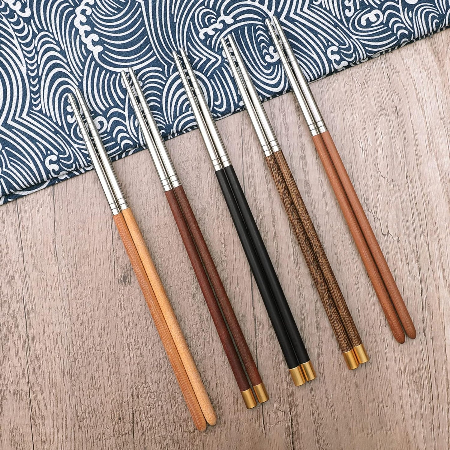 5 Pairs Reusable Chopsticks Wooden Splicing Stainless Steel Chop Sticks, Metal Chopsticks Lengthen Japanese Korean Chopstick 9.8 Inch/25cm Gift Set