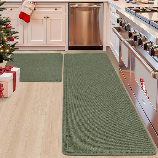 COSY HOMEER 24x35 Inch/24X60 Inch Kitchen Rug Mats Made of 100% Polypropylene Strip TPR Backing 2 Pieces Soft Kitchen Mat Specialized in Anti Slippery and Machine Washable,Green