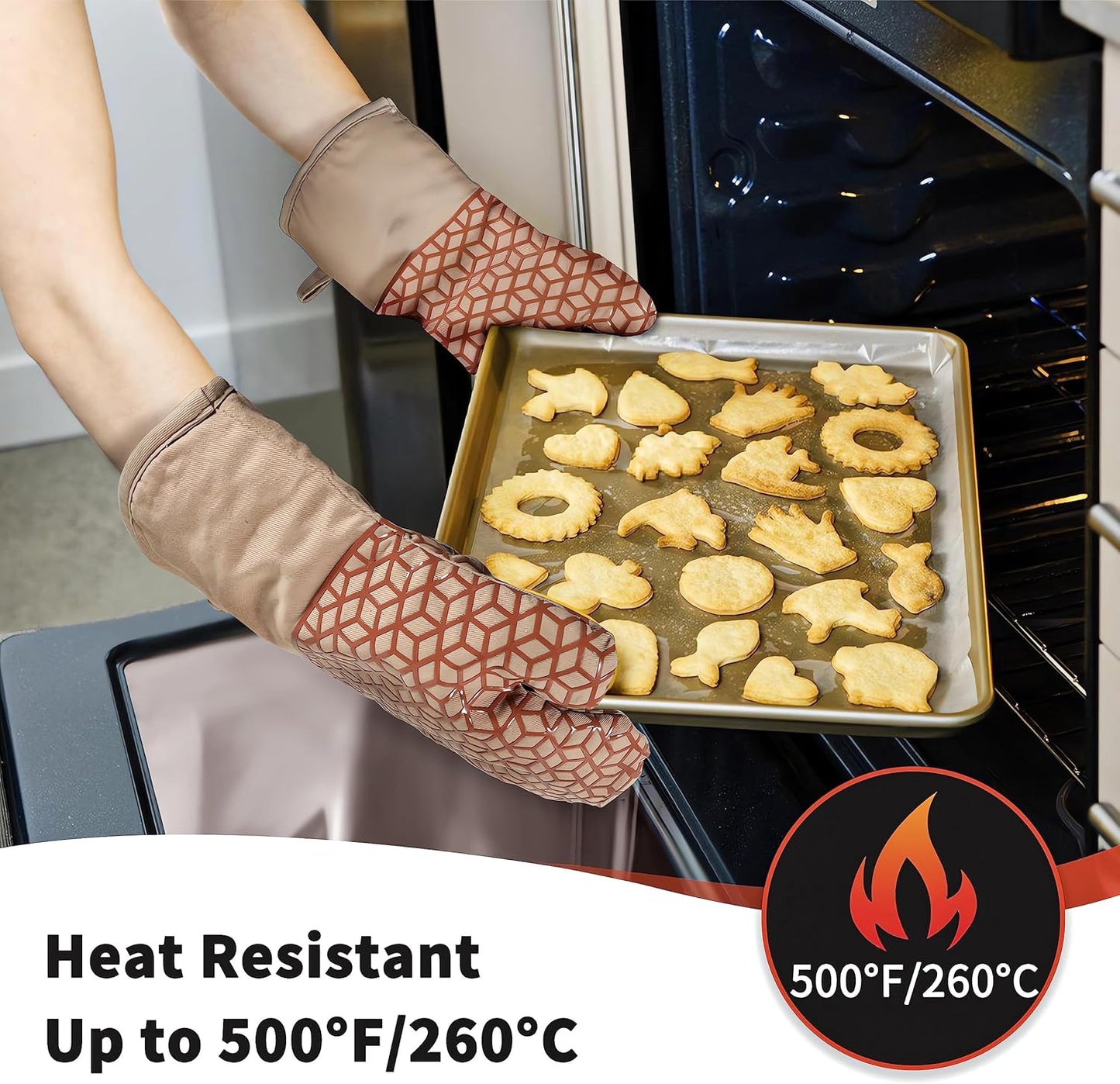 Oven Mitts And Pot Holders Set 6Pcs,Kitchen Oven Glove,High Heat Resistant 500°F Large Size Oven Mits And Potholders With Soft Cotton Lining And Non-Slip Silicone Surface For Cooking (Brown)