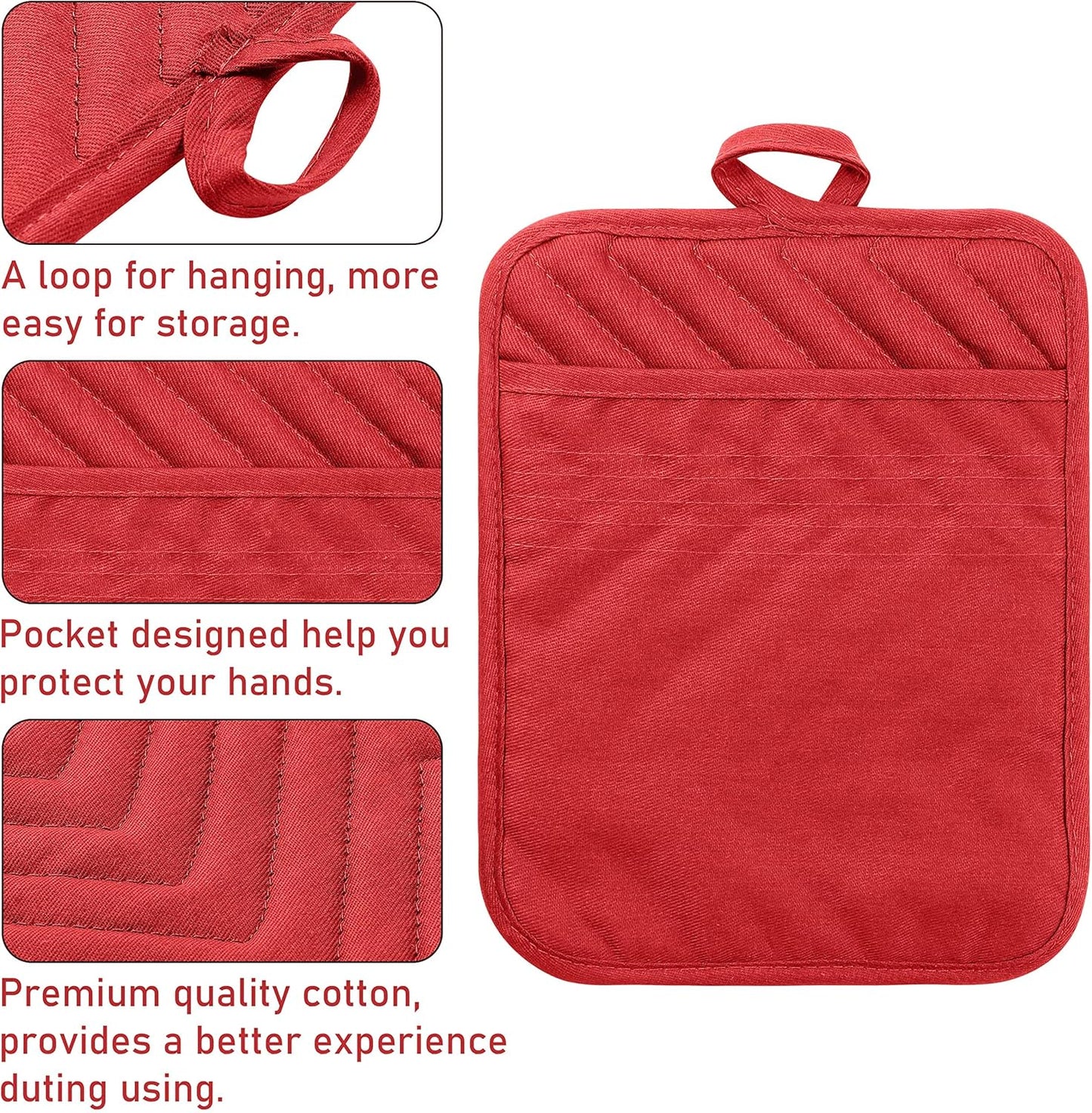 GROBRO7 5Pack Pocket Pot Holders Cotton Heat Resistant Potholder Multipurpose Hot Pads Machine Washable Oven Mitts Potholders Bulk for Daily Kitchen Baking and Cooking 7 x 9 Inch Red