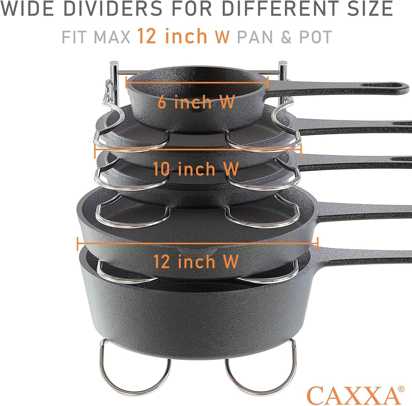 CAXXA Heavy Duty Pan Rack, Pot Lid Rack, Kitchen Cabinet Pantry Cookware Organizer Rack Holder with 5 Adjustable Dividers, Chrome