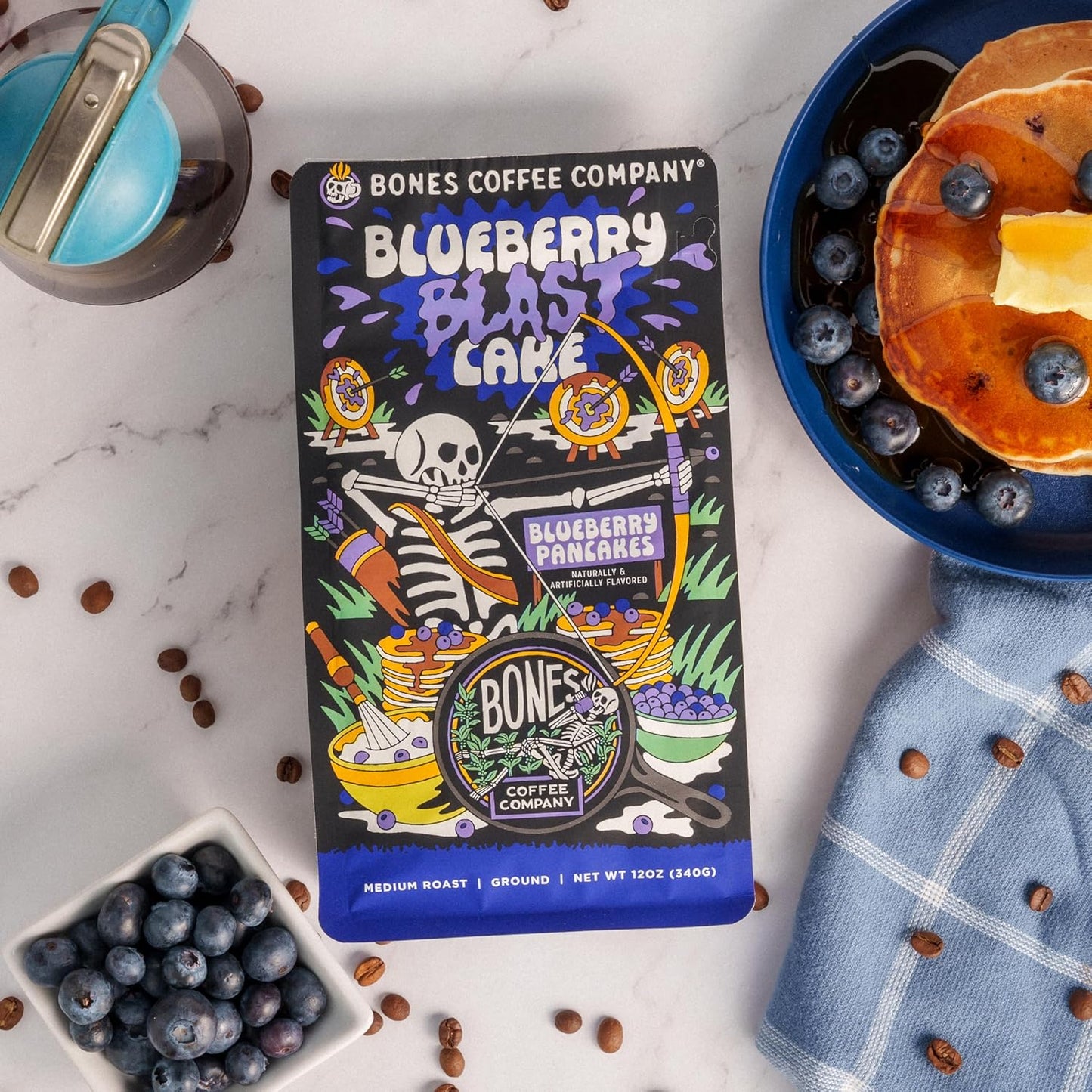 Bones Coffee Company Blueberry Blast Cake, Blueberry Pancakes Flavored Coffee, Medium Roast Low Acid Arabica Beans Compatible with Auto drip and French Press Coffee Maker, 12 Oz Whole Bean
