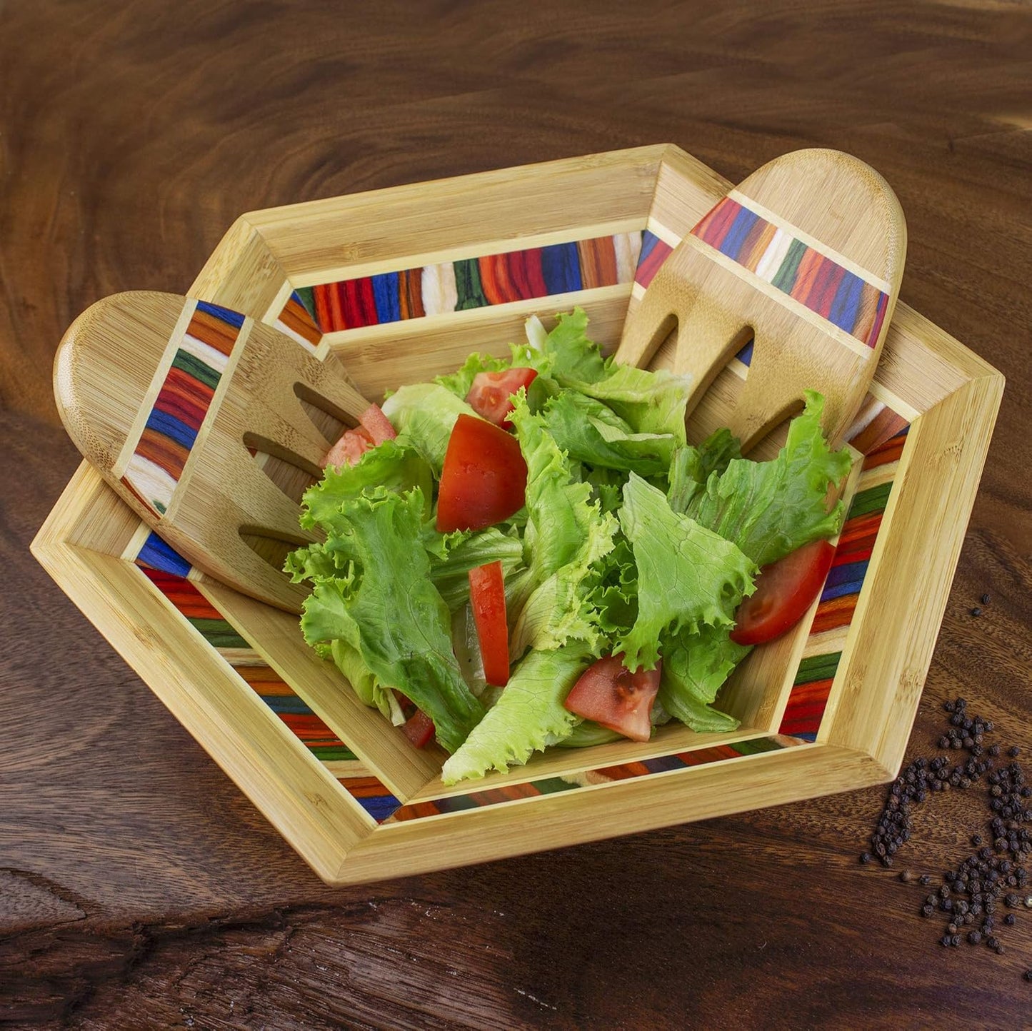 Totally Bamboo Baltique Marrakesh Collection 14" Salad Serving Bowl with Salad Hands, Bamboo and Colored Birch Wood