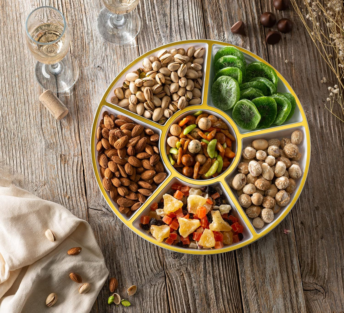 Plasticpro 6 Sectional Round Plastic Serving Tray/Platter (8, White & Gold)