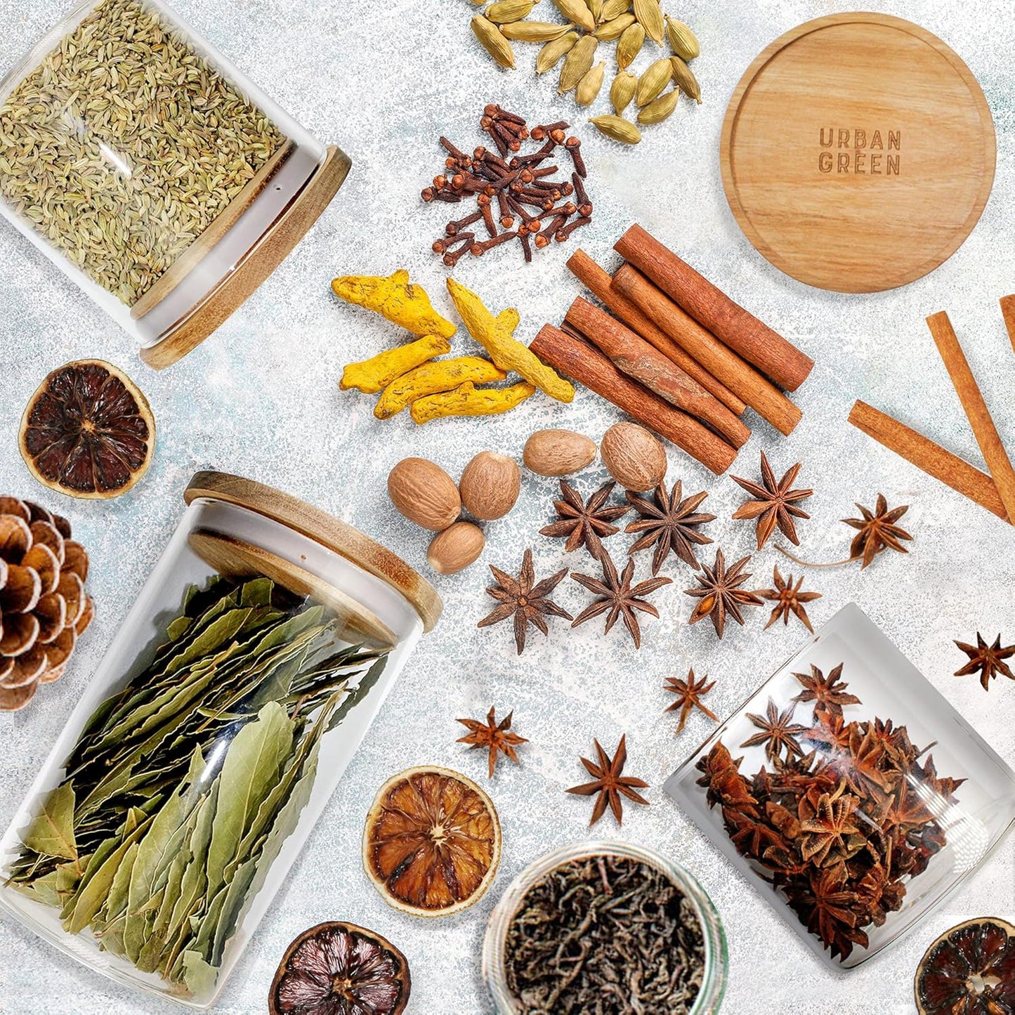 Urban Green Glass Jars with Airtight Lids, Airtight Glass Canisters set, Large Food Storage Containers with Wood Lids, 2 Pack of 100oz， Dry Food Pantry Jars, Flour Containers