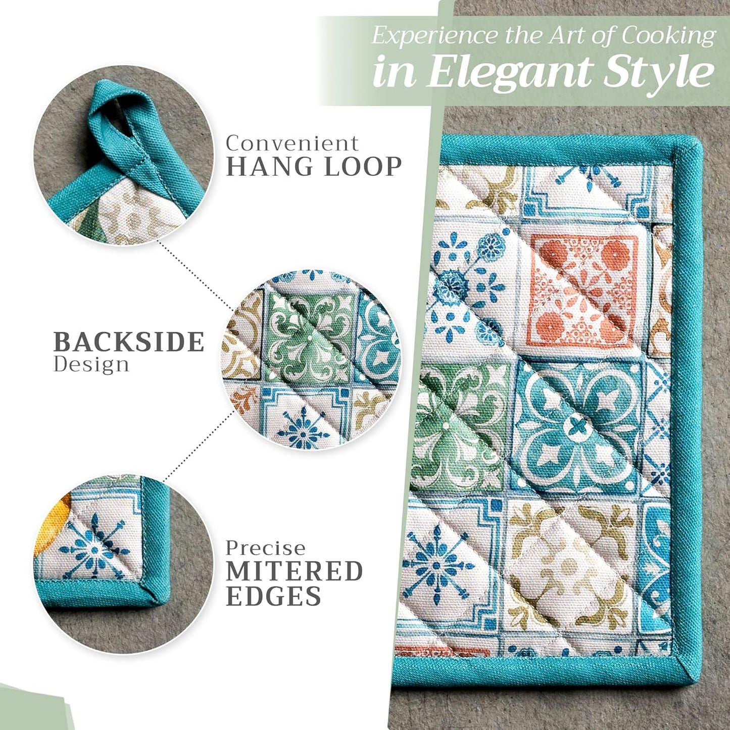 Maison d' Hermine 100% Cotton Oven Mitt & Pot Holder Set (7.5"x13" & 8"x8") Heat Resistant BBQ Cooking Gloves with Loop, Baking, Grilling, Kitchen, Handling Hot Pans Spring/Summer (Agrume)