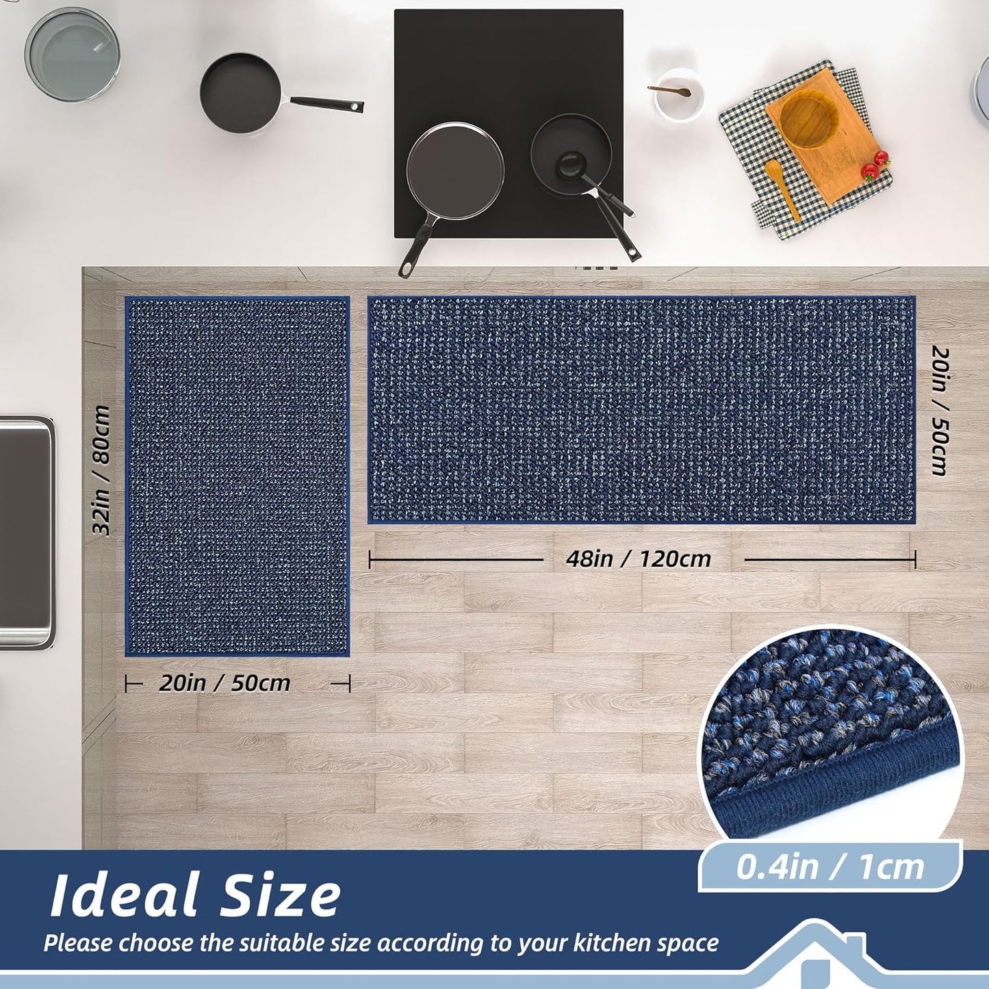 BEQHAUSE Kitchen Rugs and Mats 2PCS, Non-Slip Kitchen Mats for Floor, Absorbent and Stain Resistant Kitchen Runner, Machine Washable Rugs for Kitchen, Laundry & Sink, 20"x32"+20"x48", Blue