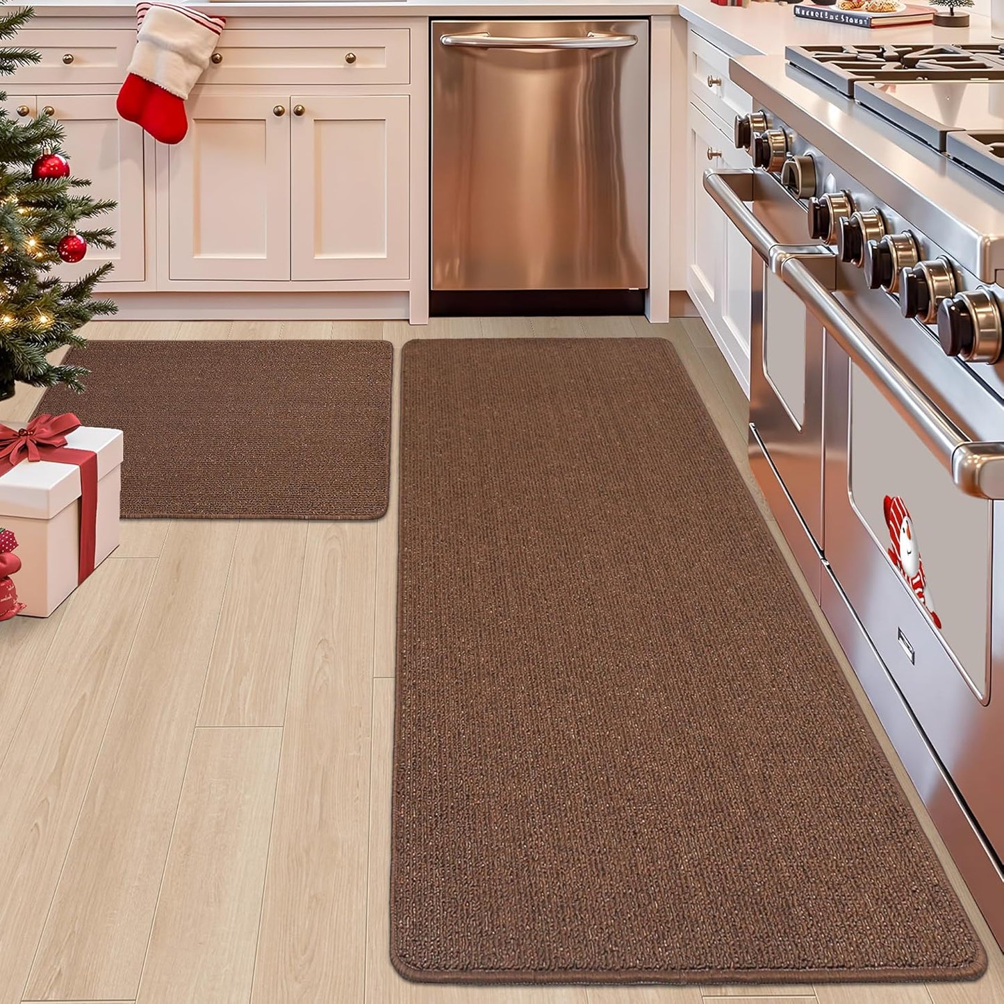 COSY HOMEER 24x35 Inch/24X60 Inch Kitchen Rug Mats Made of 100% Polypropylene Strip TPR Backing 2 Pieces Soft Kitchen Mat Specialized in Anti Slippery and Machine Washable,Brown