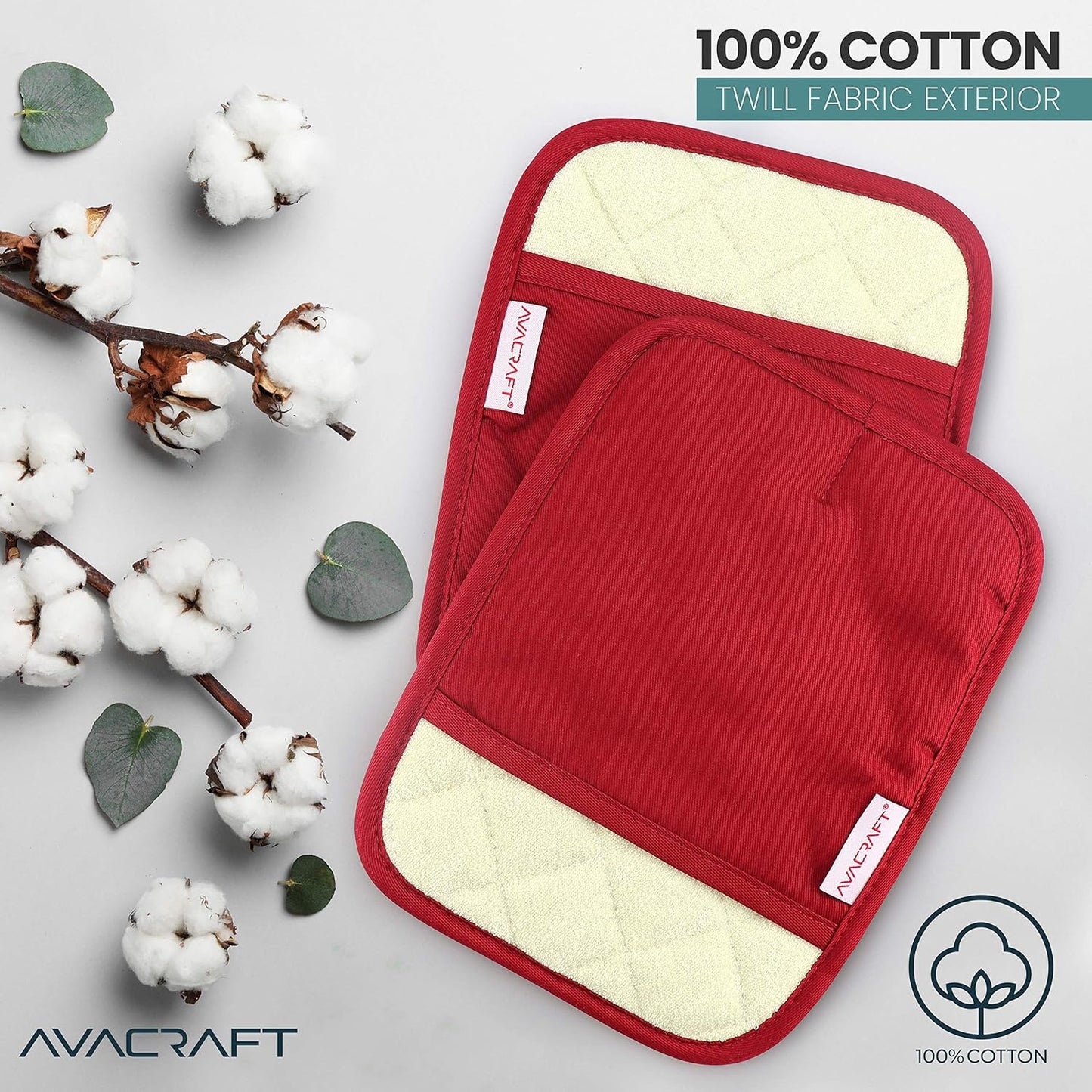 AVACRAFT Red Pot Holders Set, Flexible, 100% Cotton with Non-Slip Heat Resistant Silicone Design, Thick Terry Cloth Interior, Hot Pads, 500 F Heat Resistant Kitchen Mitts (Red Pot Holder)