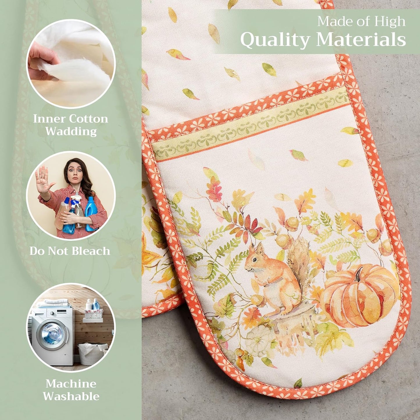 Maison d' Hermine Double Oven Mitts 100% Cotton 7"x35" Double Oven Mitt Heat Resistant BBQ Cooking Gloves with Loop, Baking, Grilling, Home, Kitchen, Handling Hot Pans (Pumpkin Passion)