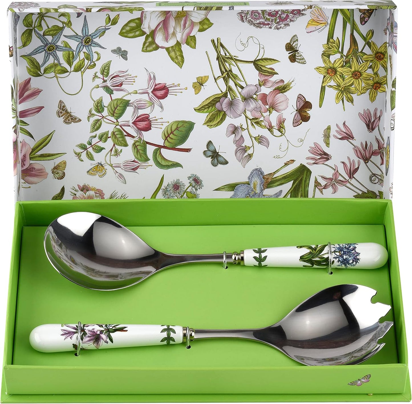 Portmeirion Botanic Garden 10" Salad Server (2-Piece) - Stainless Steel Blade with Porcelain Handle, Chip-Resistant Glaze, Floral Motif - Durable Tableware for Salad, Appetizers, Desserts