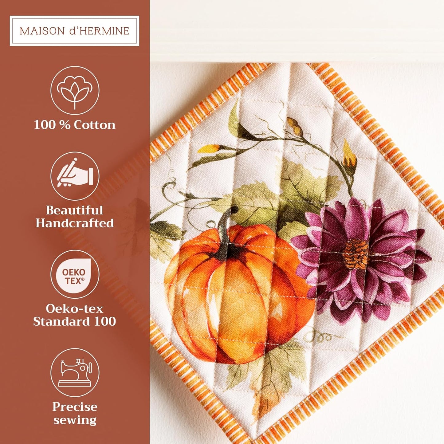 Maison d' Hermine Pot Holders 100% Cotton Heat Resistant Potholders 8" x 8" Hot Pads with Loop BBQ, Cooking, Baking, Grilling, Kitchen, Handling Hot Pans (Pack of 1, Pumpkin Garden - Cloudy Cream)