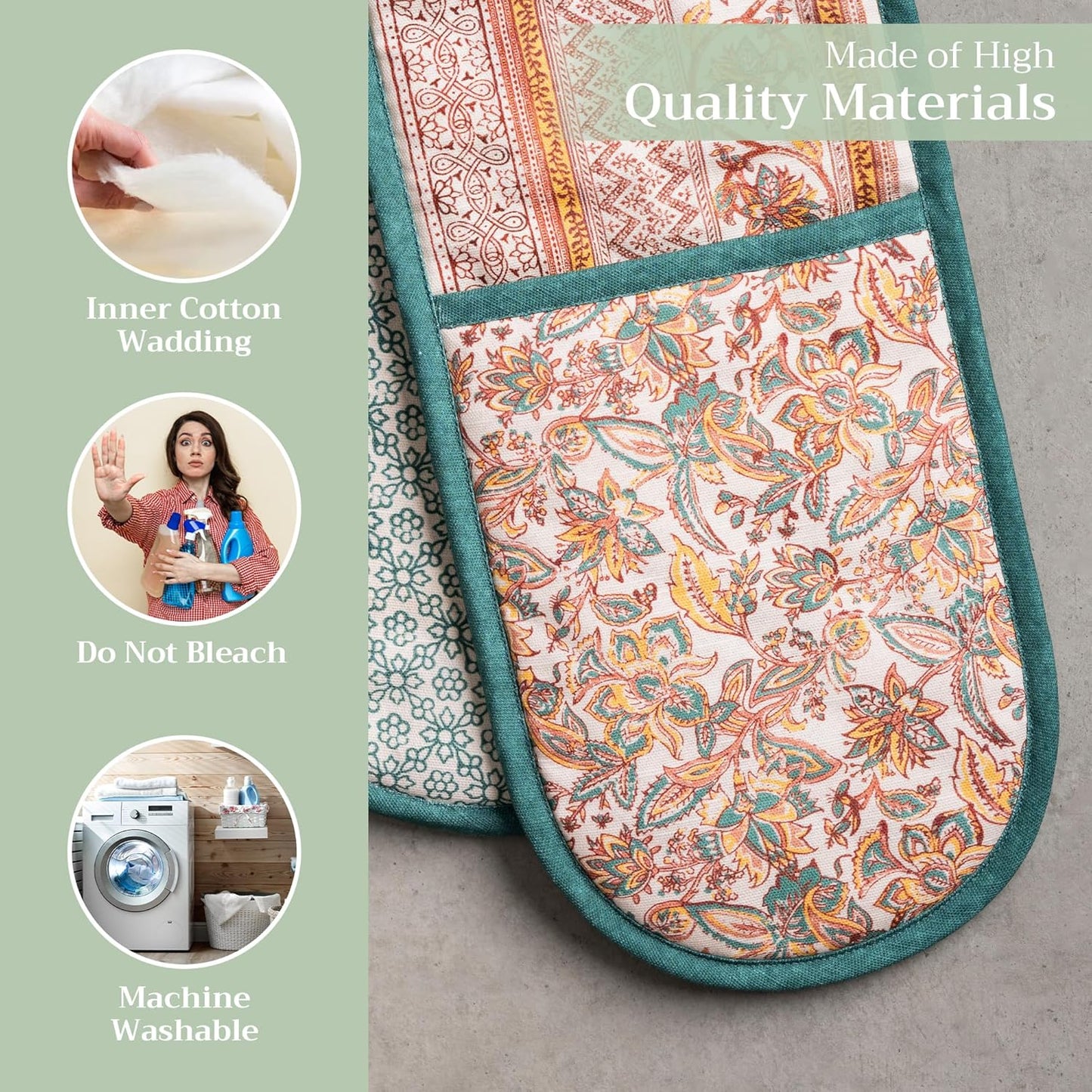 Maison d' Hermine Double Oven Mitts 100% Cotton 7"x35" Double Oven Mitt Heat Resistant BBQ Cooking Gloves with Loop, Baking, Grilling, Home, Kitchen, Handling Hot Pans (Nila)