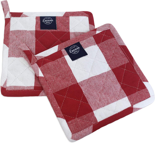 Encasa XO 8 inches Oven Microwave Potholders (2 pc Set) for Kitchen Cooking & Baking - Heat Resistant, Thick & Safe, Protection of Hands from Hot Utensils - Buffalo Red Checks