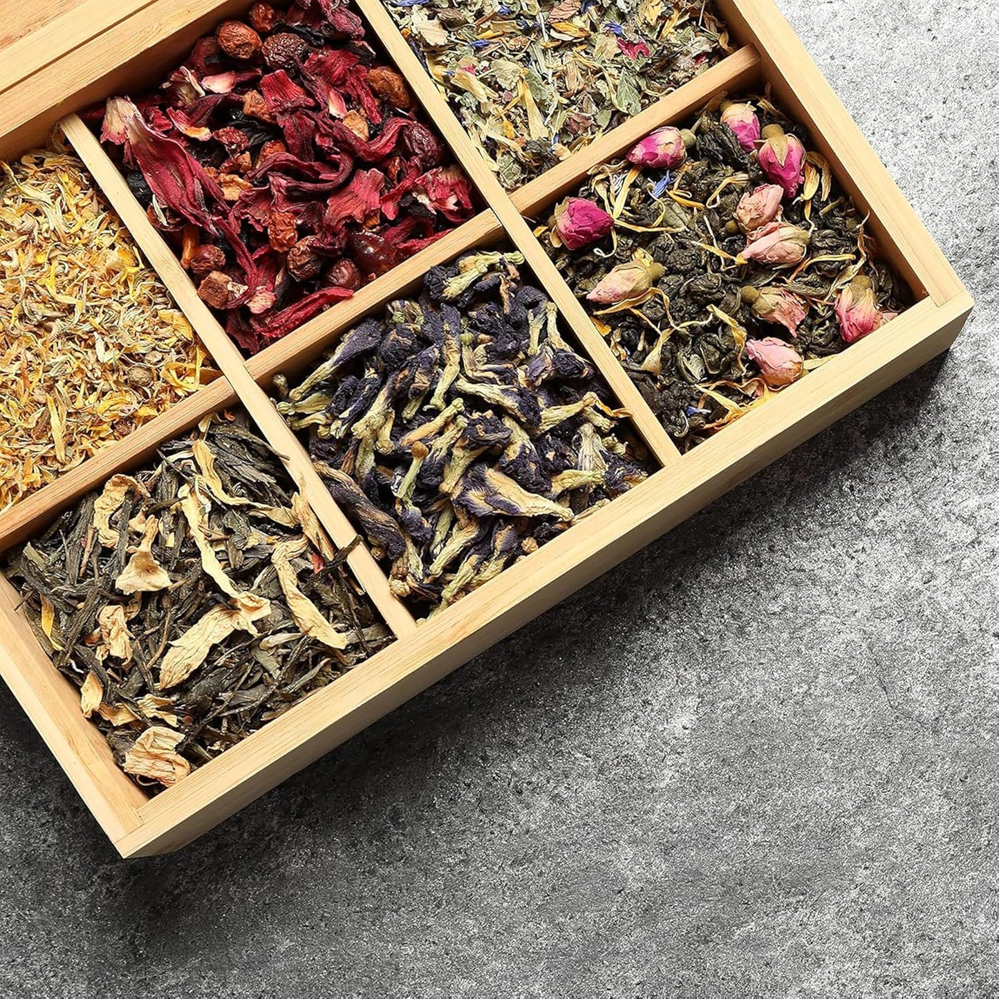 Tea Organizer Box Food Safe Chemical Free Bamboo Wood Storage Chest Big, Tall, Adjustable Cubbies (6-Slot 11" x 8.1" x 4.2" with TEA stamp design)