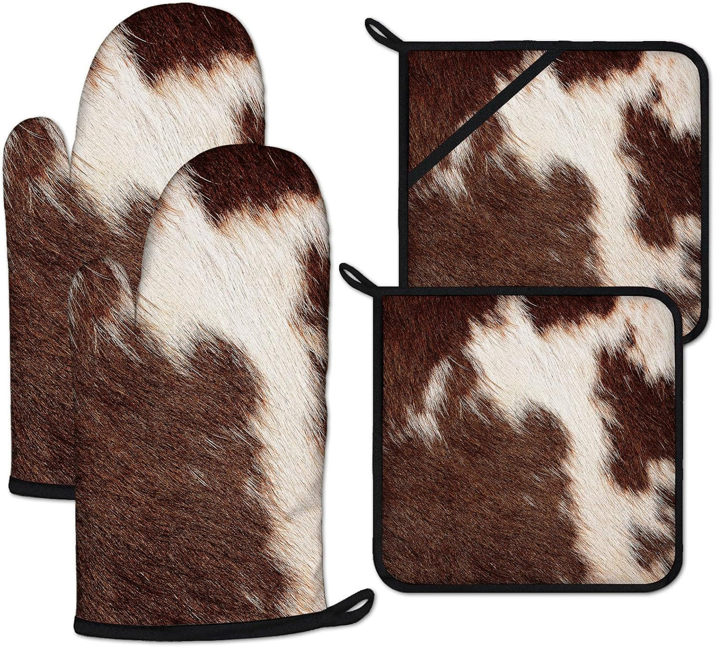 Brown Cow Print Oven Mitts and Pot Holders Sets Heat Resistant 4Pcs Potholders Oven Gloves Hot Pads for Kitchen Baking Cooking Grilling BBQ