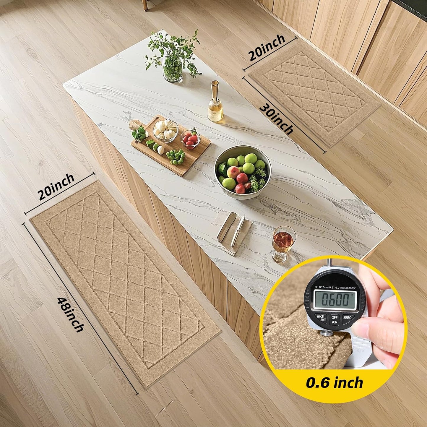 JSEI Non-Slip Kitchen Rugs, Self Adhesive No Sliding Kitchen Mats Set of 2, Soft Washable Absorbent Floor Mat for Kitchen, Bathroom, Laundry Room, Bedroom, 20”x32”+20”x48”, Beige, Diamond Pattern