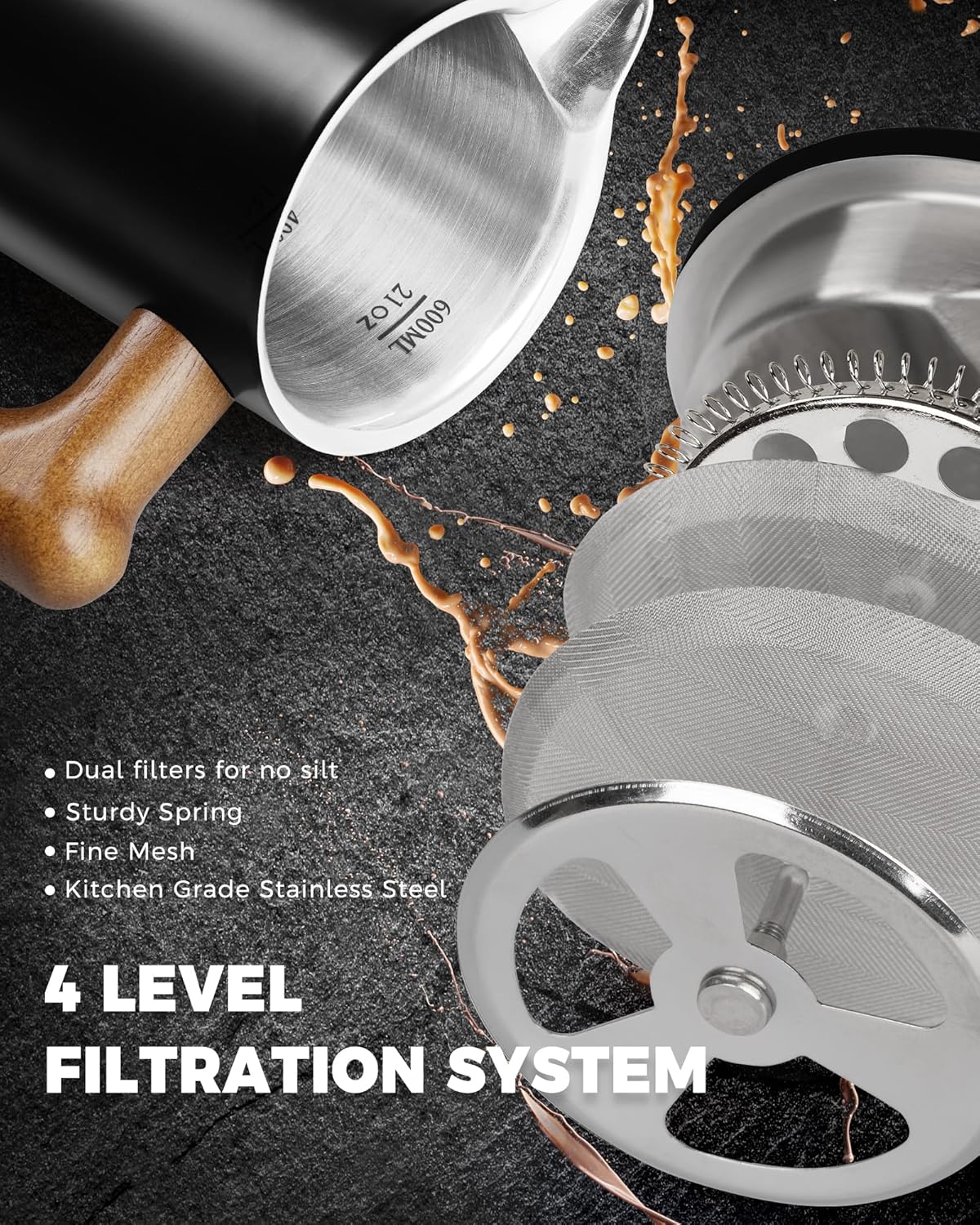 POLIVIAR French Press Coffee Maker, 21 oz Coffee Press with Real Wood Handle, Double Wall Insulation & Dual-Filter Screen, Food Grade Stainless Steel for Good Coffe and Tea, JX2024-SFPB