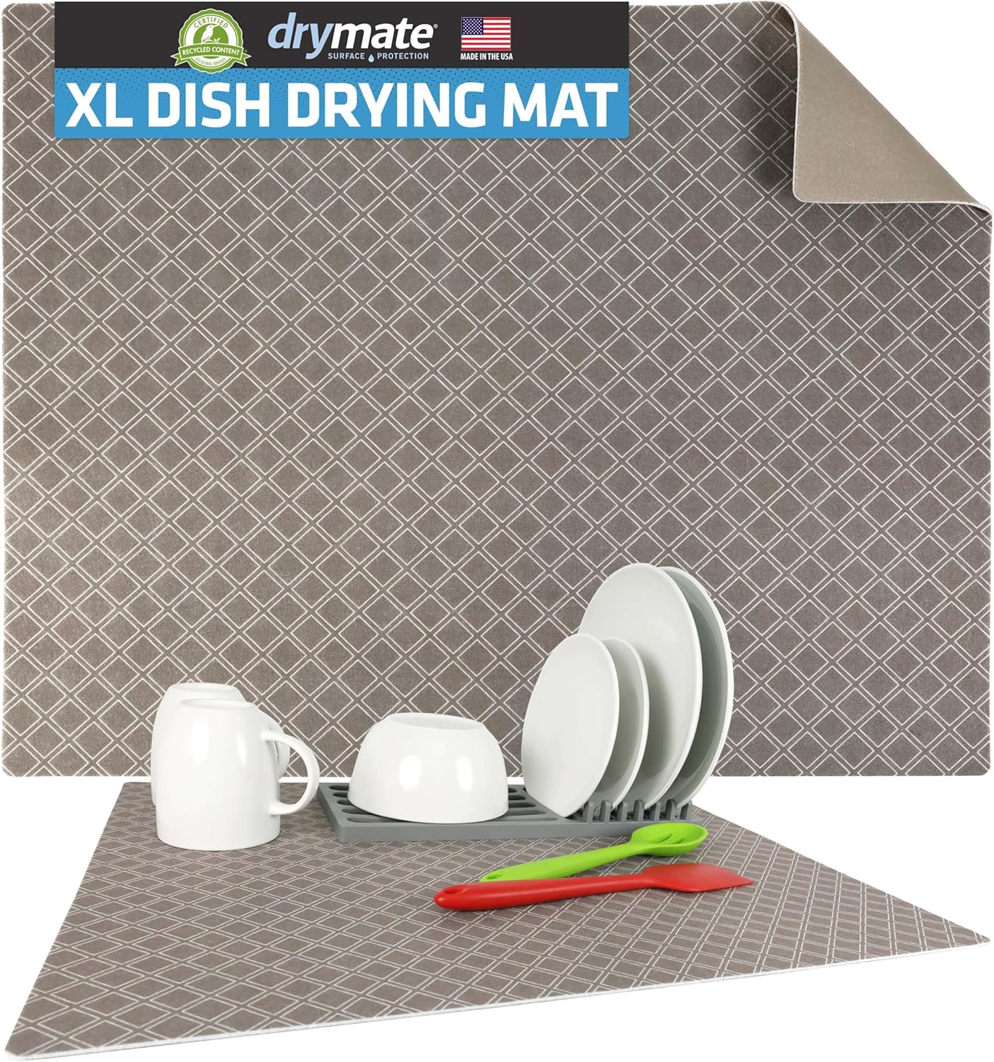 Drymate XL Dish Drying Mat, Oversized (19”x24”), Low-Profile, Super Absorbent, Quick Dry Fabric, Waterproof & Slip-Resistant, for Kitchen Counter, Trimmable, Easy to Clean (USA Made)(Taupe)