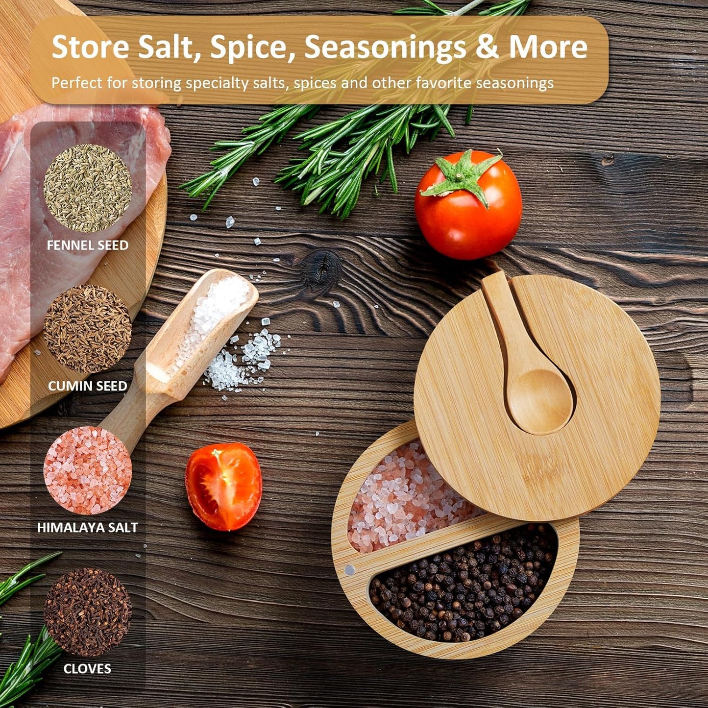 2-Compartment Salt Box with Lid and Spoon, Bamboo Salt Cellar with Swivel Lid, Salt and Pepper Bowls for Salt & Spices, Dual 6 oz Salt Container