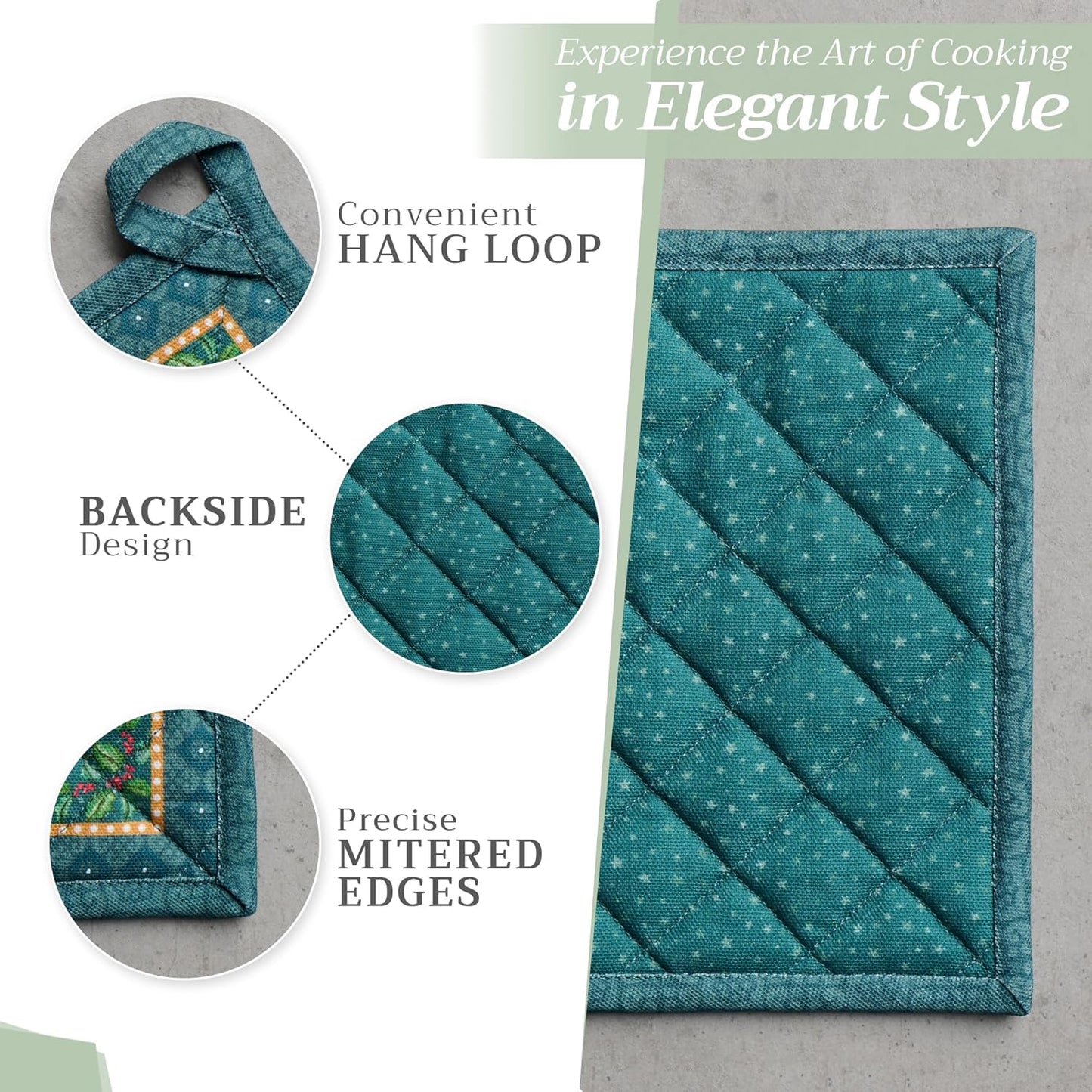 Maison d' Hermine 100% Cotton Oven Mitt & Pot Holder Set (7.5"x13" & 8"x8") Heat Resistant BBQ Cooking Gloves with Loop, Baking, Grilling, Kitchen, Handling Hot Pans (Hygge Christmas)