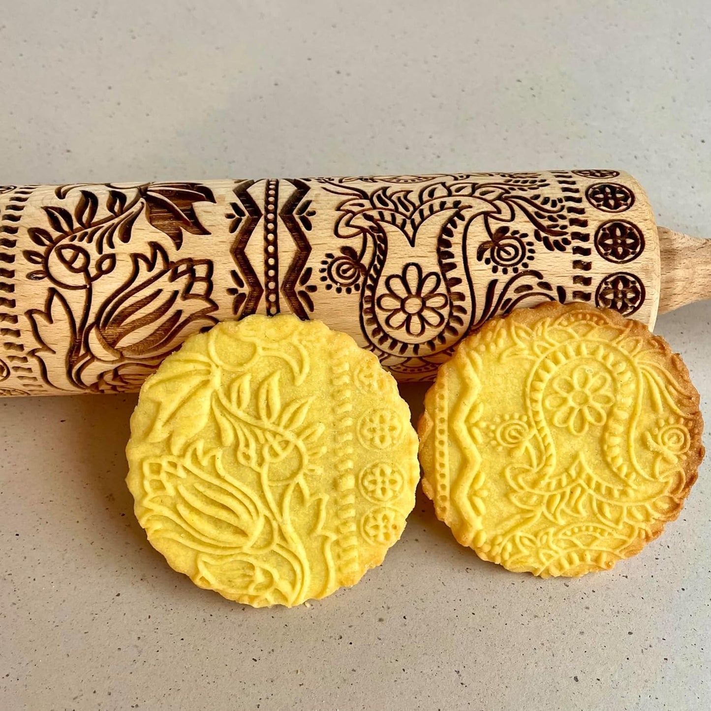 ECHO Embossing Rolling Pin with Ornamental Bloom Pattern – Dough and Clay Roller for Embossed Cookies and Pottery - Cookie and Ceramic Stamp - Baking Gifts for Women by Algis Crafts