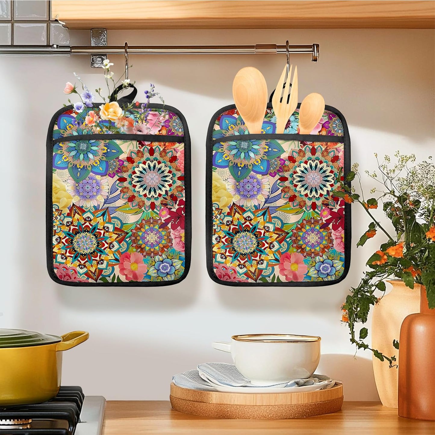 Boho Floral Oven Mitts Set, Vintage Luxury Colorful Flower Floral Heat Resistant Kitchen Oven Gloves for Baking and Cooking,Pot Holders
