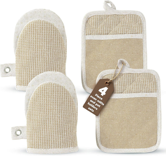 Casa Platino Mini Oven Mitts & Silicone Pot Holders, 4-Piece – Heat Resistant Gloves for Cooking & BBQ, Hot Pads for Kitchen – Withstands Up to 500°F, Non-Slip & Machine Washable – Beige