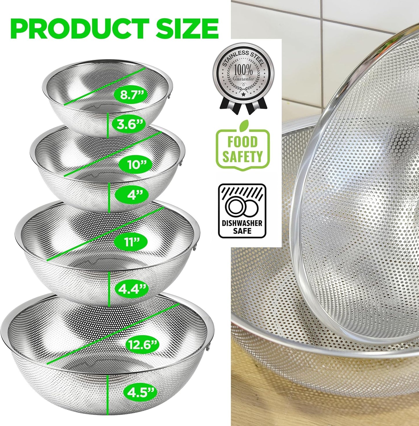 Premium 18/8 304 Stainless Steel Micro-Perforated Small and Big Colander Set of 4 with rings - 3.5-5.5-7.5-9.5 Quart Set, Self-Draining Solid Base for Pasta, Fruits, Vegetables