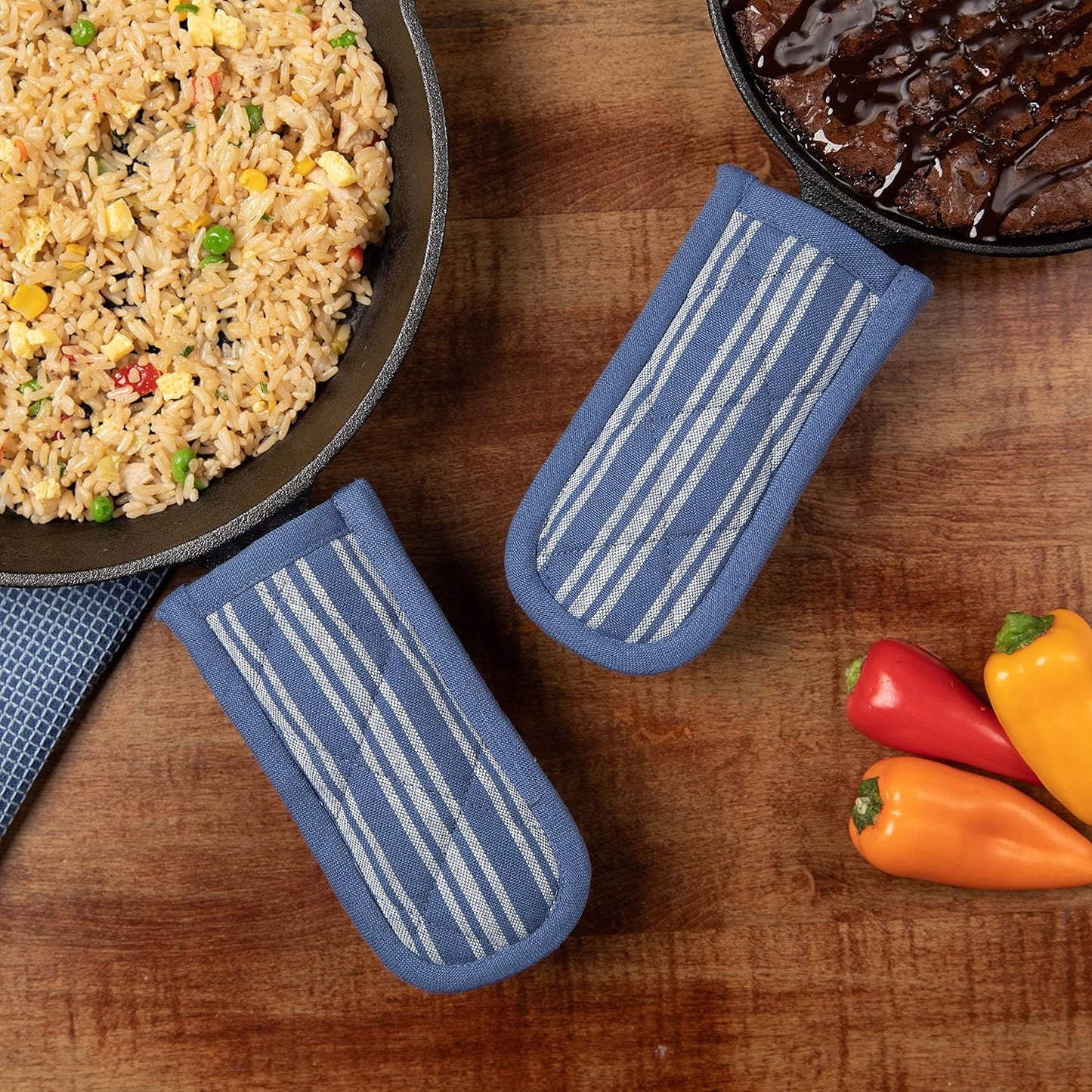 Sticky Toffee Pan Handle Covers for Cast Iron Skillet, Set of 2, Blue Heat Resistant Sleeves, 3 x 6 in, Oeko-Tex Cotton Hot Pot Holders